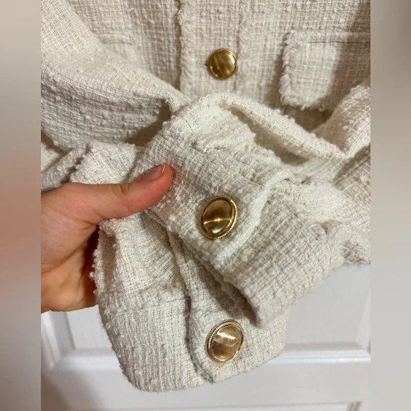 Zara Tweed Textured Gold Buttons Pockets Spring Cream Blazer Jacket Size Large - Picture 7 of 11